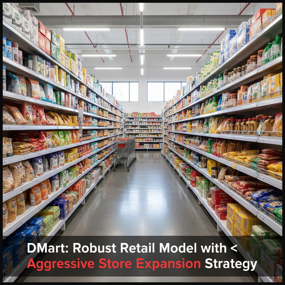 A clean and well-organized aisle of a modern hypermarket, representing DMart's retail business model.