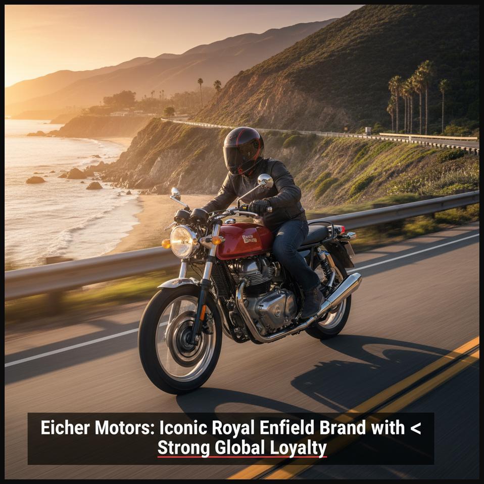 A classic Royal Enfield motorcycle on a winding road, symbolizing Eicher Motors' strong brand loyalty and global presence.