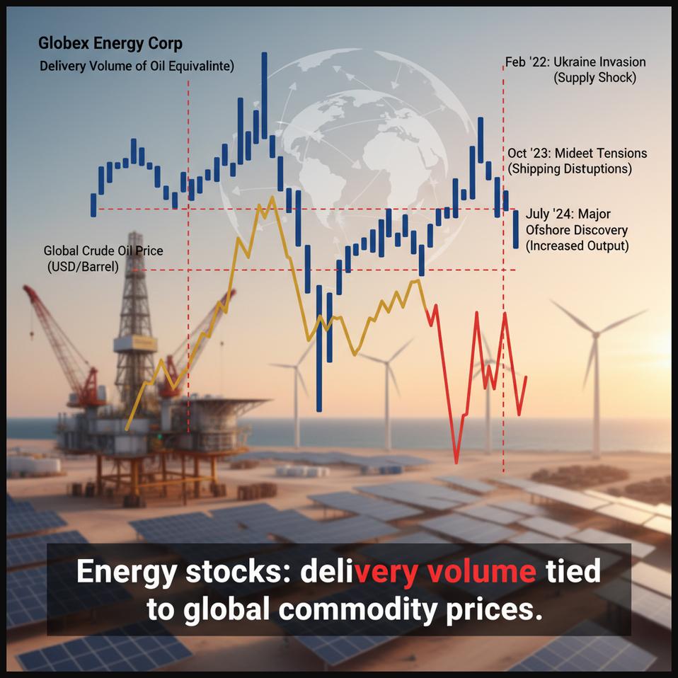 Stock chart of an energy stock with delivery volume patterns reflecting commodity prices and geopolitical events.