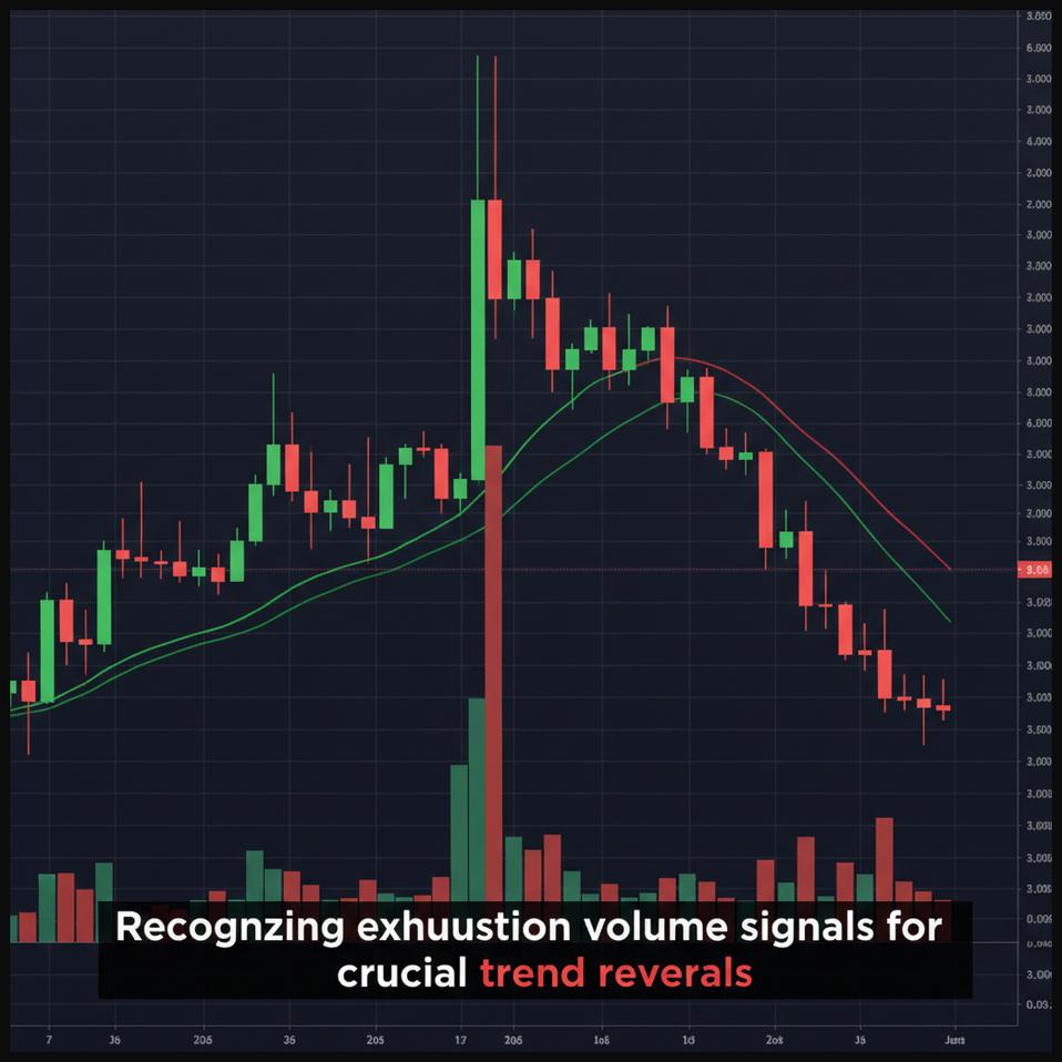 Stock chart showing an exhaustion volume spike at the end of an uptrend, signaling a potential price reversal.