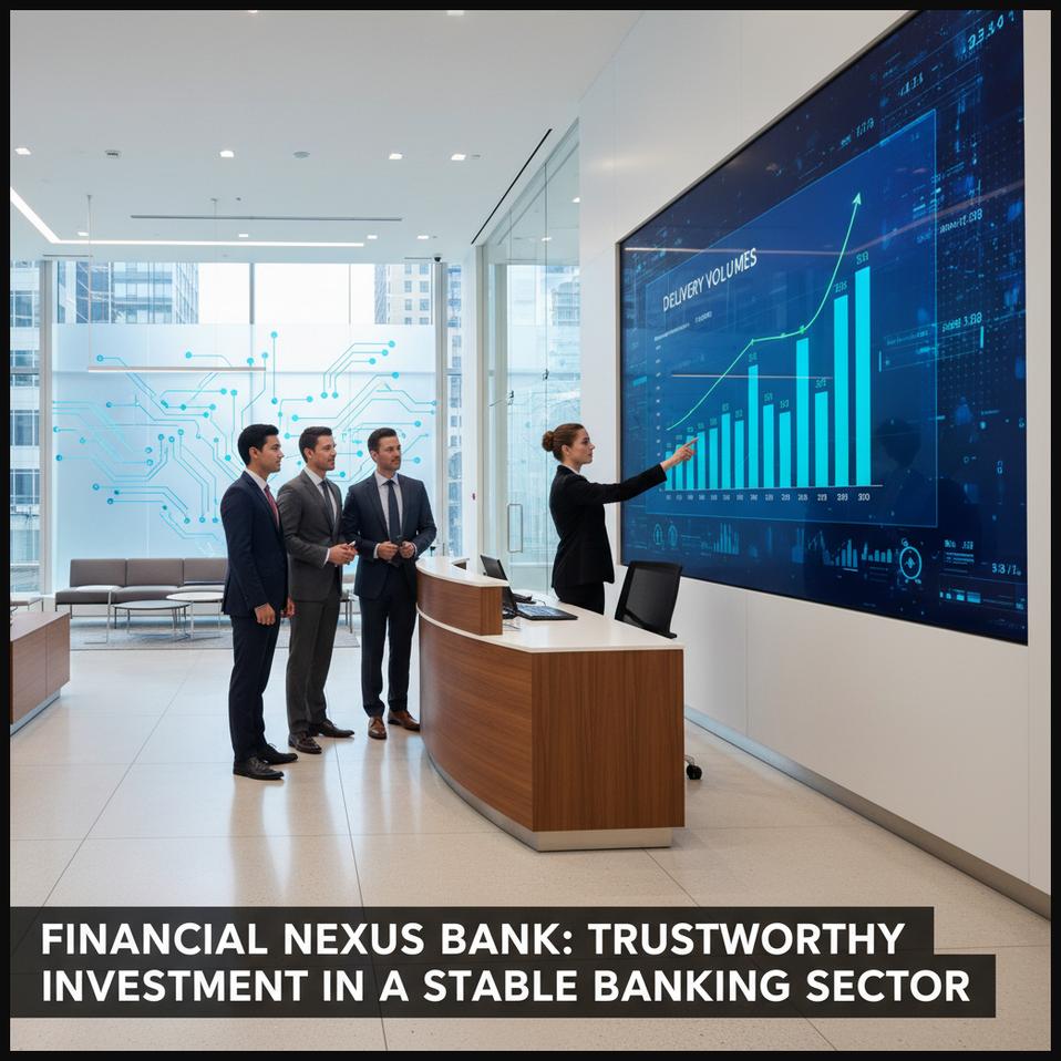 Modern bank environment with professionals, symbolizing a financial institution with high investor trust and consistent delivery volumes in a stable banking sector.