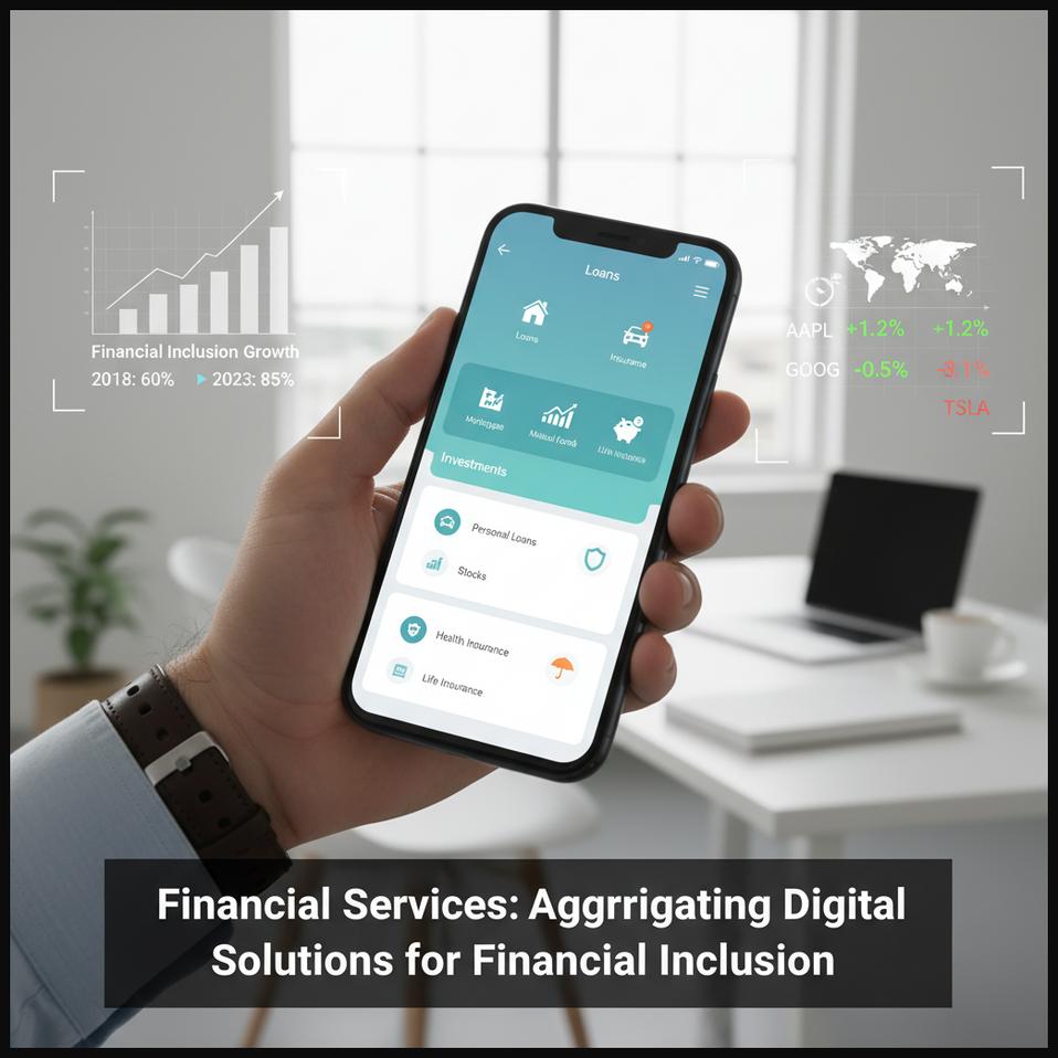 Hand holding a smartphone displaying a financial aggregation app, representing a financial services aggregator providing digital solutions for financial inclusion.
