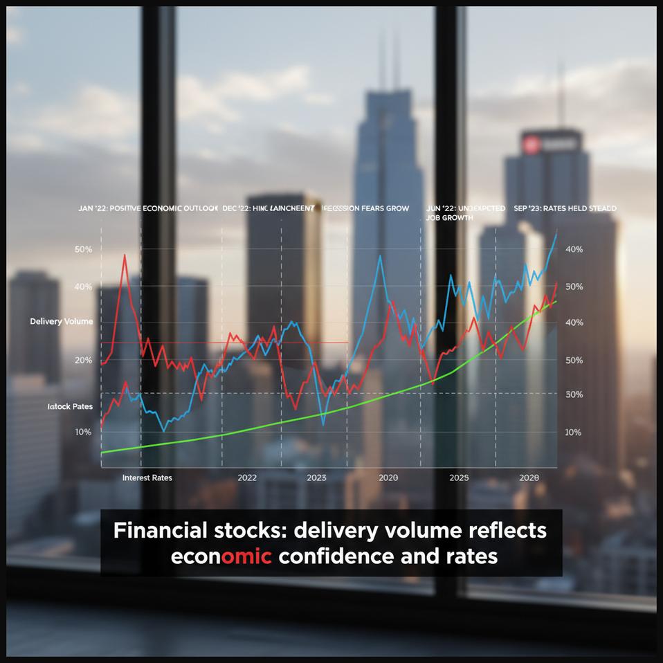 Stock chart of a financial stock showing delivery volume trends related to economic health and interest rate changes.