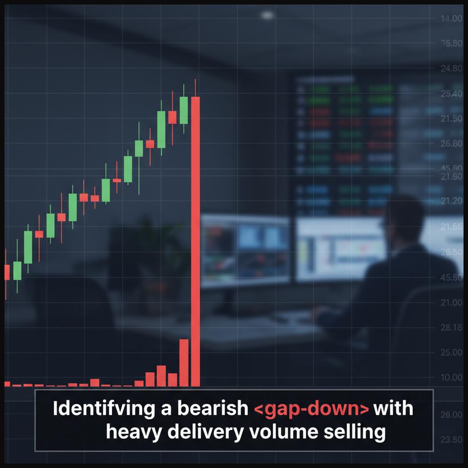 Stock chart showing a price gap-down accompanied by heavy delivery volume, indicating strong bearish sentiment.