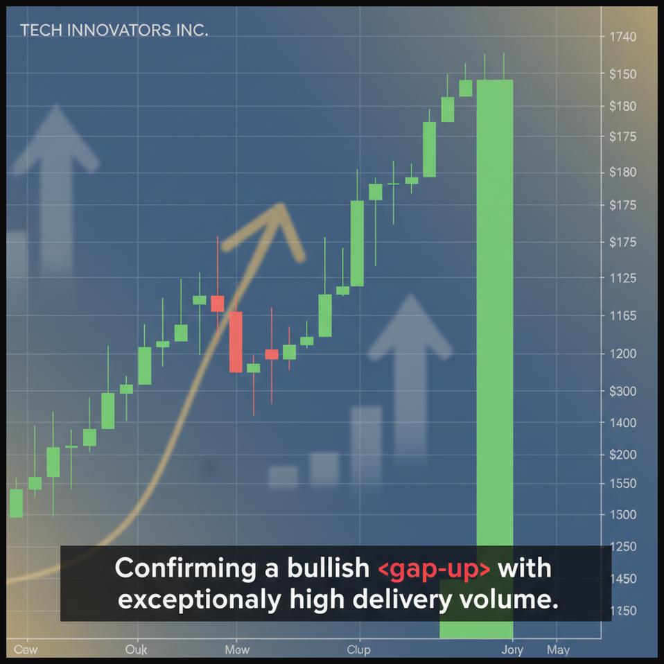 Stock chart showing a price gap-up accompanied by exceptionally high delivery volume, indicating strong bullish sentiment.
