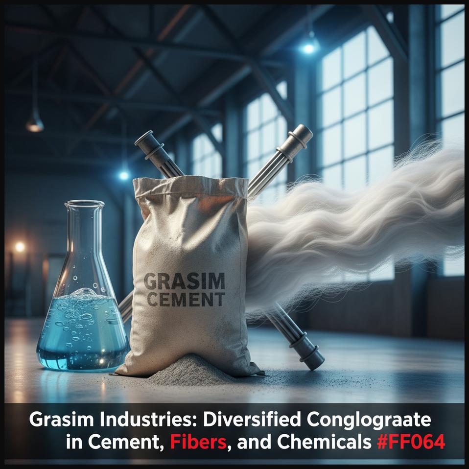 A conceptual image combining elements of cement bags, textile fibers, and chemical flasks, representing Grasim Industries' diversified portfolio.