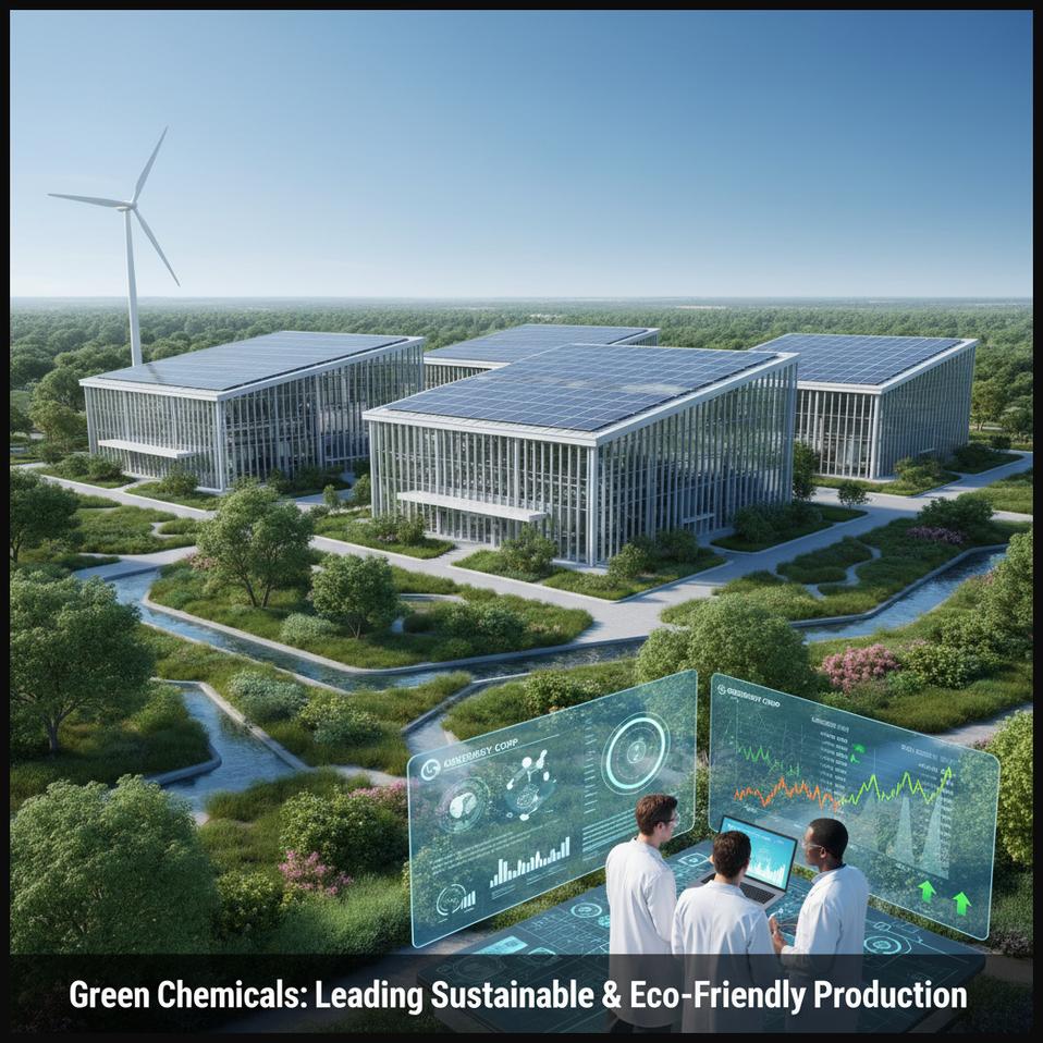 Modern, eco-friendly chemical plant with green initiatives, symbolizing a green chemicals company leading sustainable and eco-friendly production with high delivery volumes.