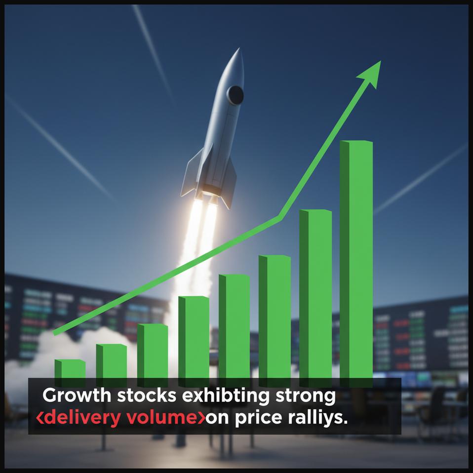 Stock chart of a growth stock with rapid upward movement supported by consistent high delivery volume, indicating strong investor confidence.
