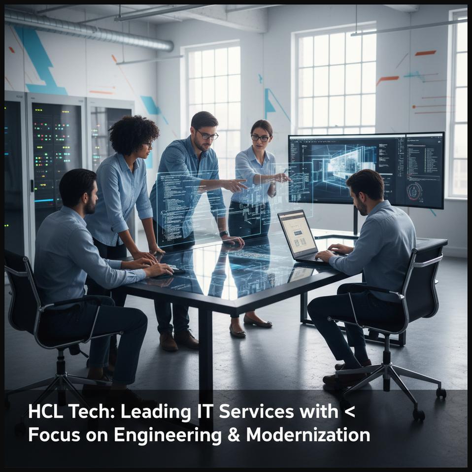 Engineers and IT professionals collaborating on complex design or development, representing HCL Technologies' engineering focus.