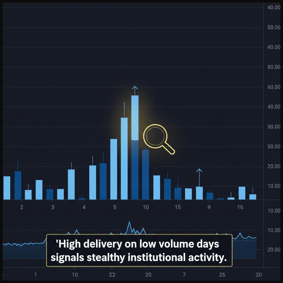 Stock chart highlighting a specific day with low total trading volume but high delivery percentage.
