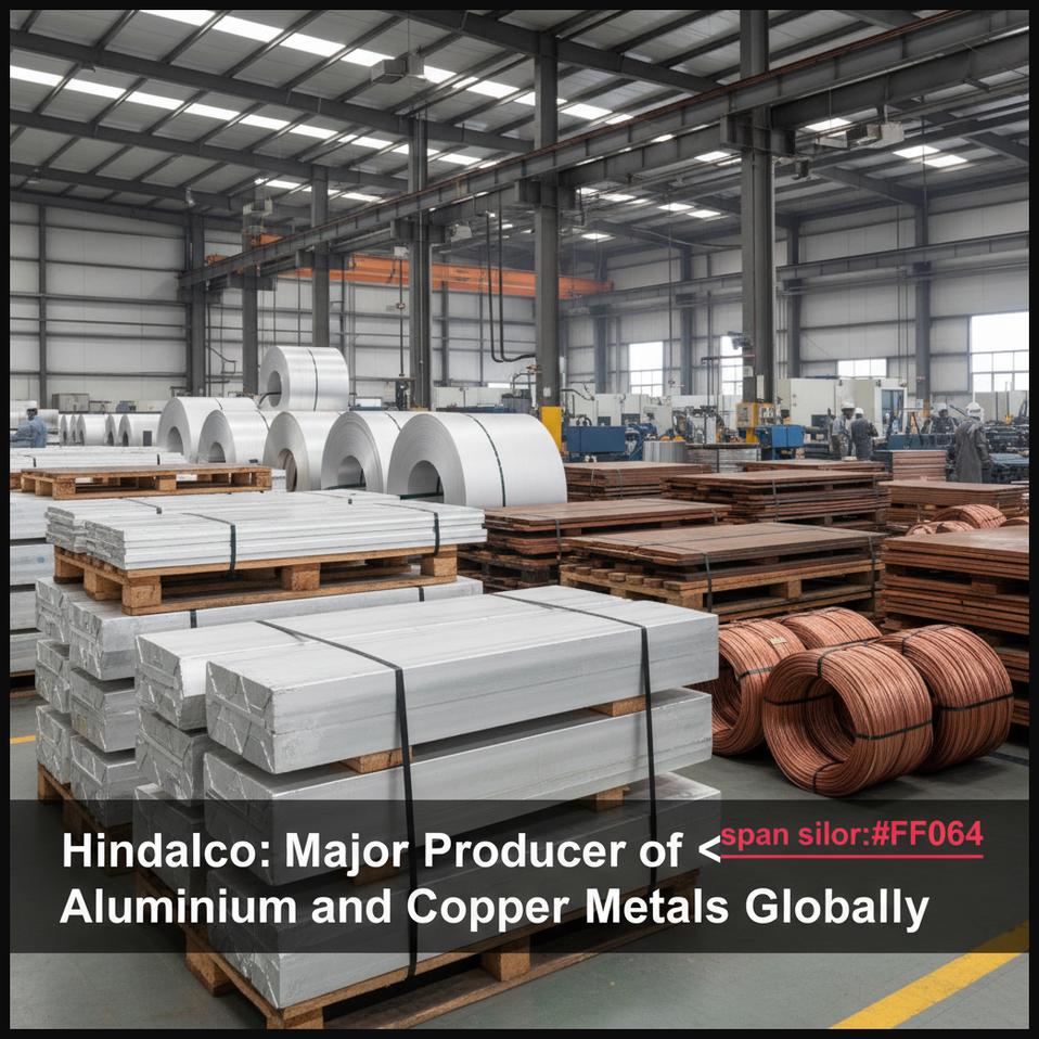 Stacked ingots of aluminum and copper in an industrial environment, representing Hindalco's primary metals production.
