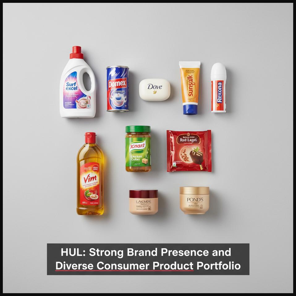 A display of various consumer products from household to personal care, representing Hindustan Unilever's diverse portfolio.