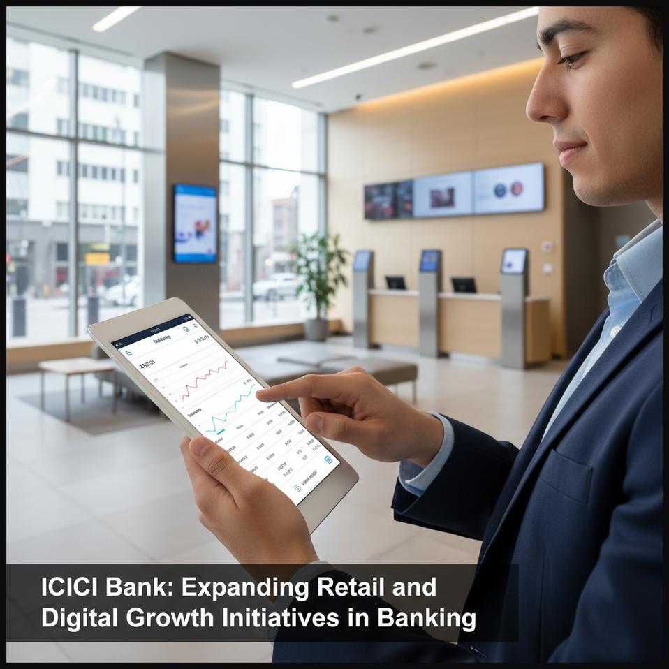 People engaging with digital banking services on a tablet, symbolizing ICICI Bank's focus on retail and digital expansion.
