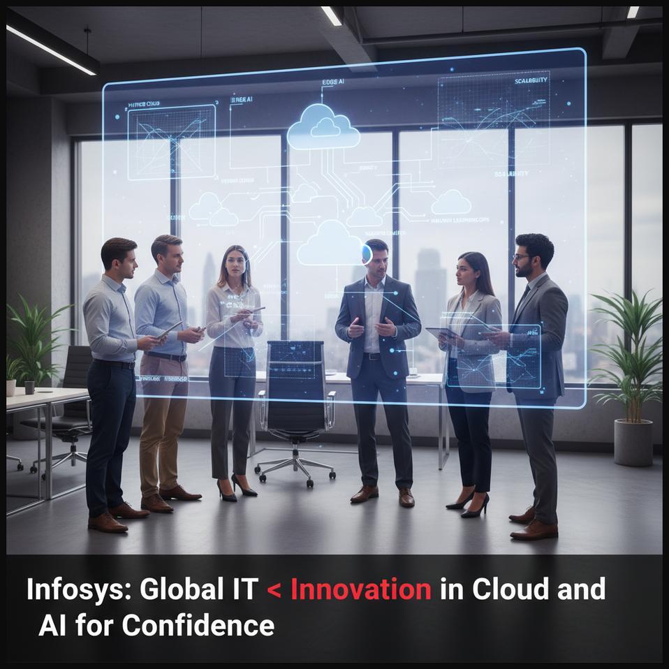 IT professionals collaborating in a high-tech office environment, focused on cloud and AI innovation by Infosys.