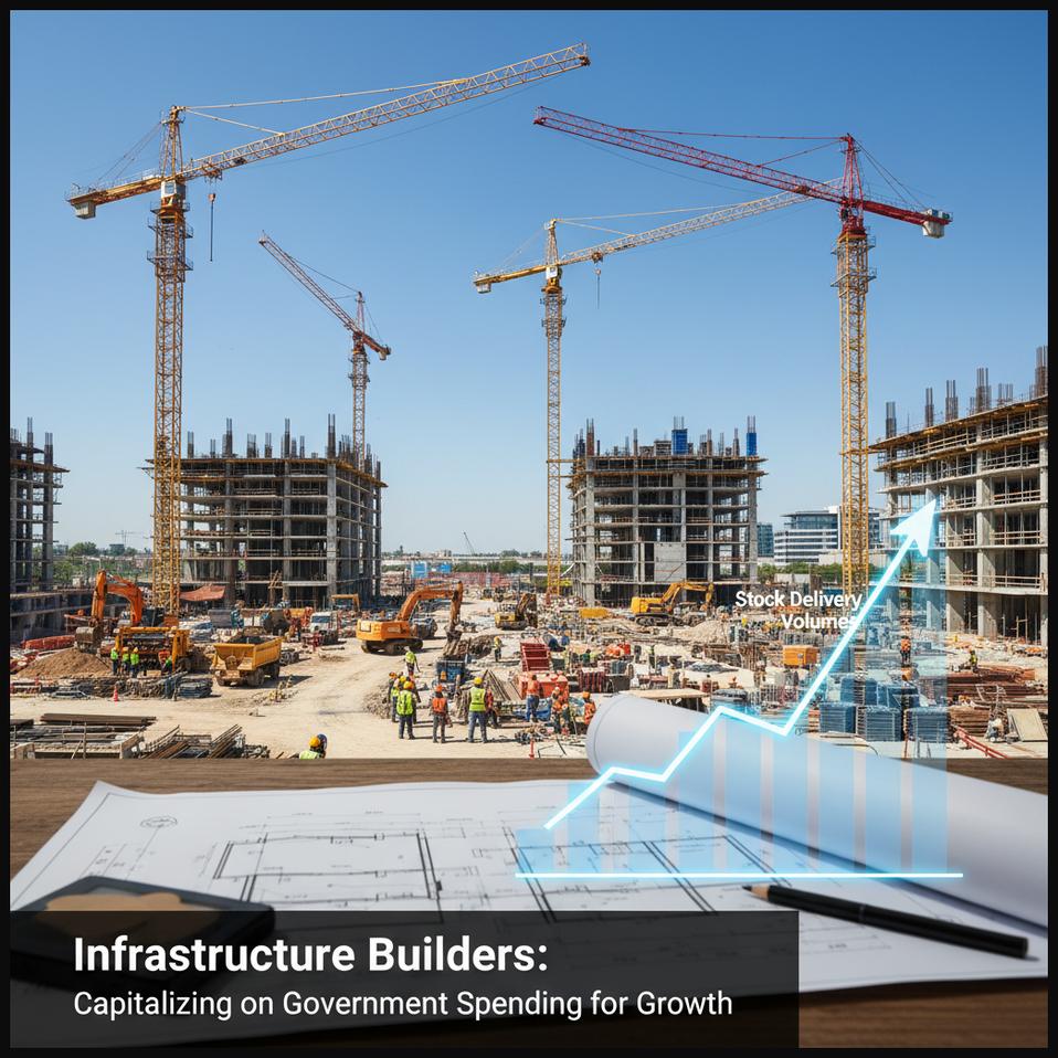 Large-scale construction site with cranes and workers, representing an infrastructure company benefiting from government spending and showing consistent delivery volume growth.