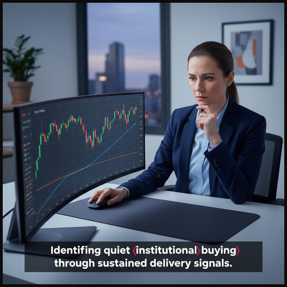 Professional trader analyzing stock charts showing consistent high delivery volume and stable prices, signaling institutional buying.