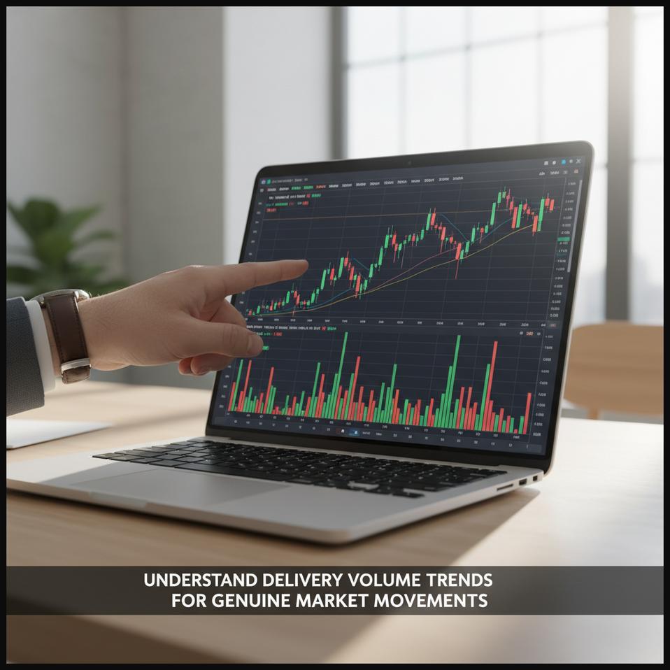 Investor analyzing stock charts showing delivery volume trends and price movements on a computer screen.