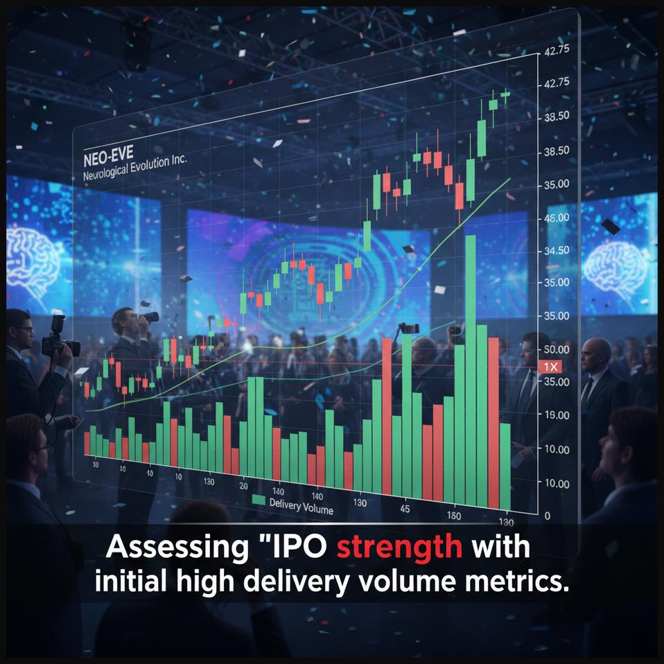 Stock chart of a newly listed IPO showing strong initial delivery volume, indicating positive investor reception.