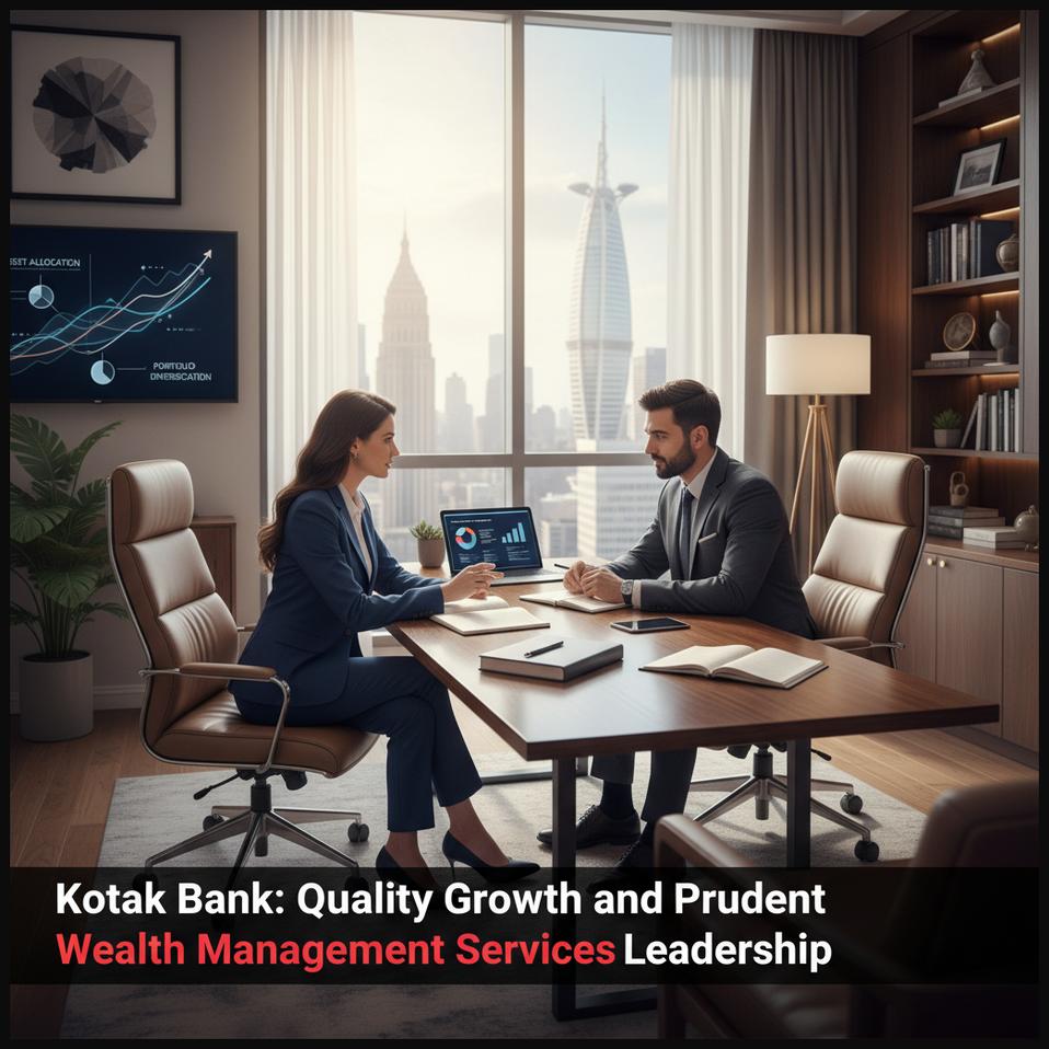 A financial advisor discussing wealth management with a client in a sophisticated office, representing Kotak Mahindra Bank's prudent approach.