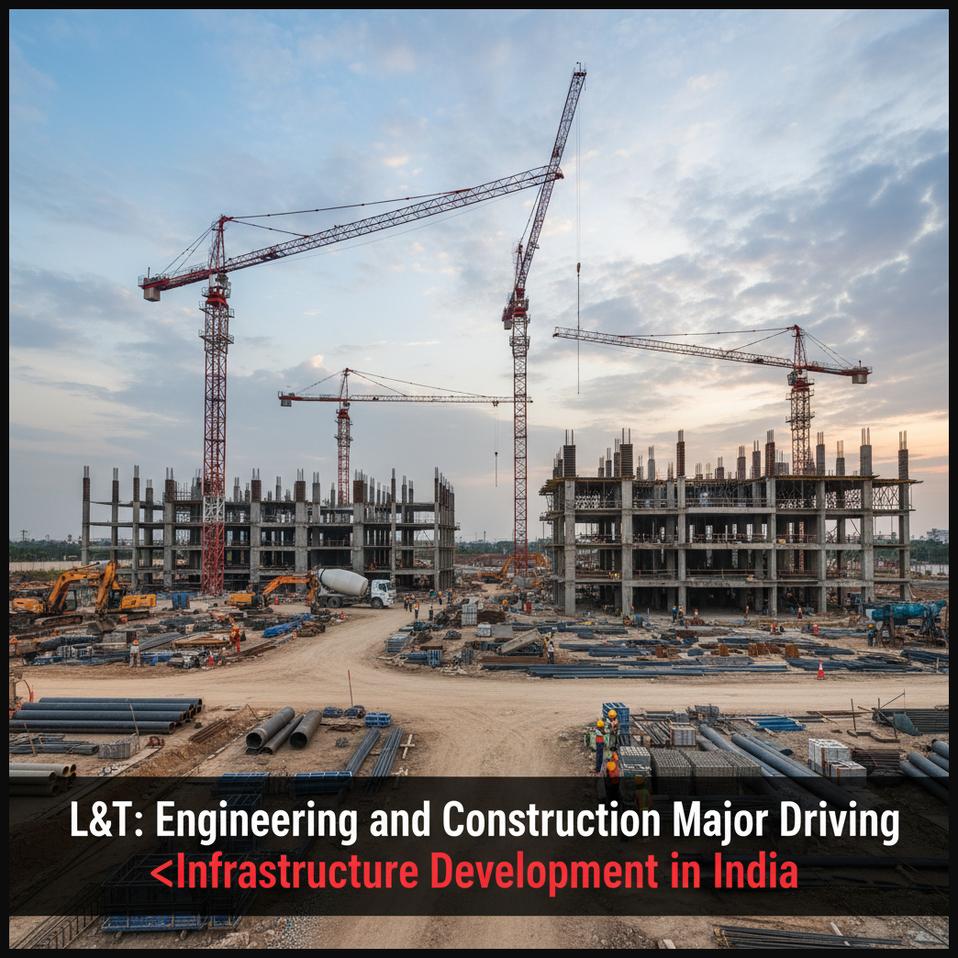A large, active construction site with cranes and heavy machinery, representing Larsen & Toubro's infrastructure projects.