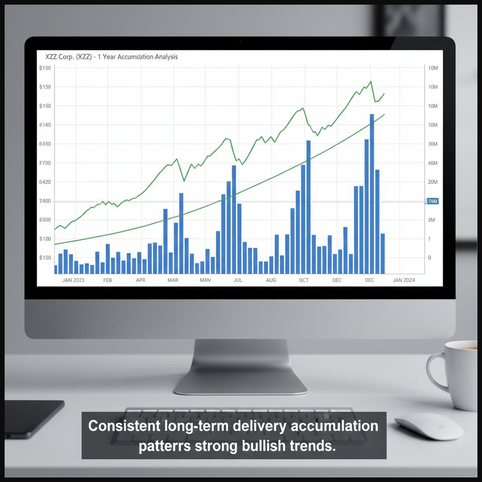 Long-term stock chart showing sustained periods of high delivery volume and gradual price accumulation.