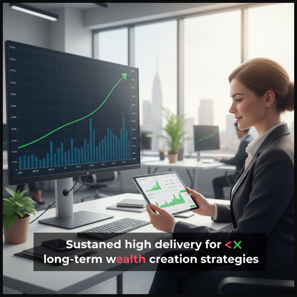 Stock chart showing consistent high delivery volume over years, representing long-term holding in fundamentally strong companies for wealth creation.