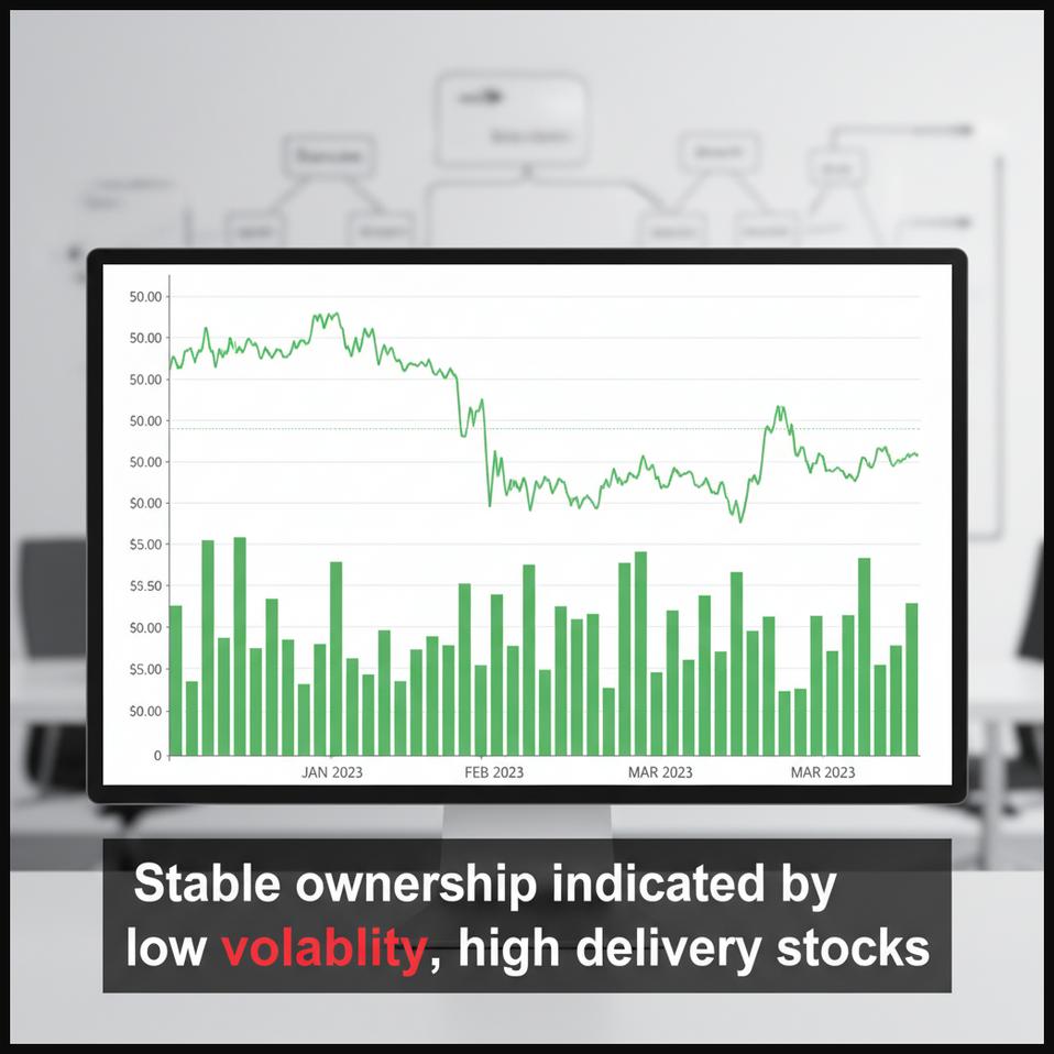 Stock chart showing a stock with low price volatility but consistently high delivery volume, suggesting stable ownership.