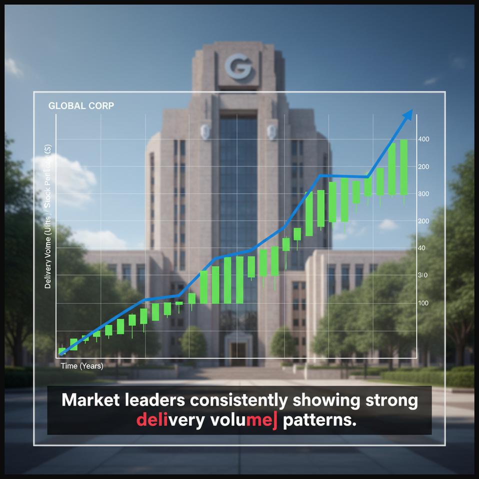 Stock chart of a market leader showing consistent high delivery volume, reflecting a loyal shareholder base and market dominance.