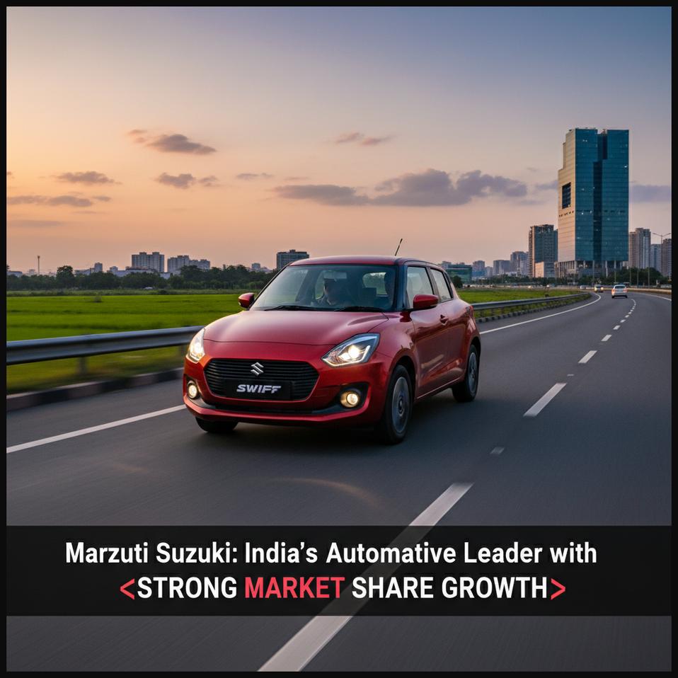 A sleek, modern Maruti Suzuki car driving on a road, representing its leadership in the Indian automotive sector.