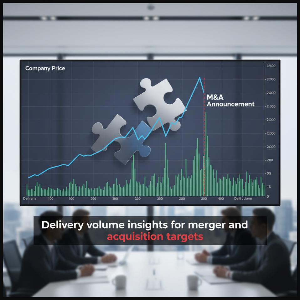 Stock chart showing delivery volume patterns around a merger and acquisition announcement, indicating market conviction.