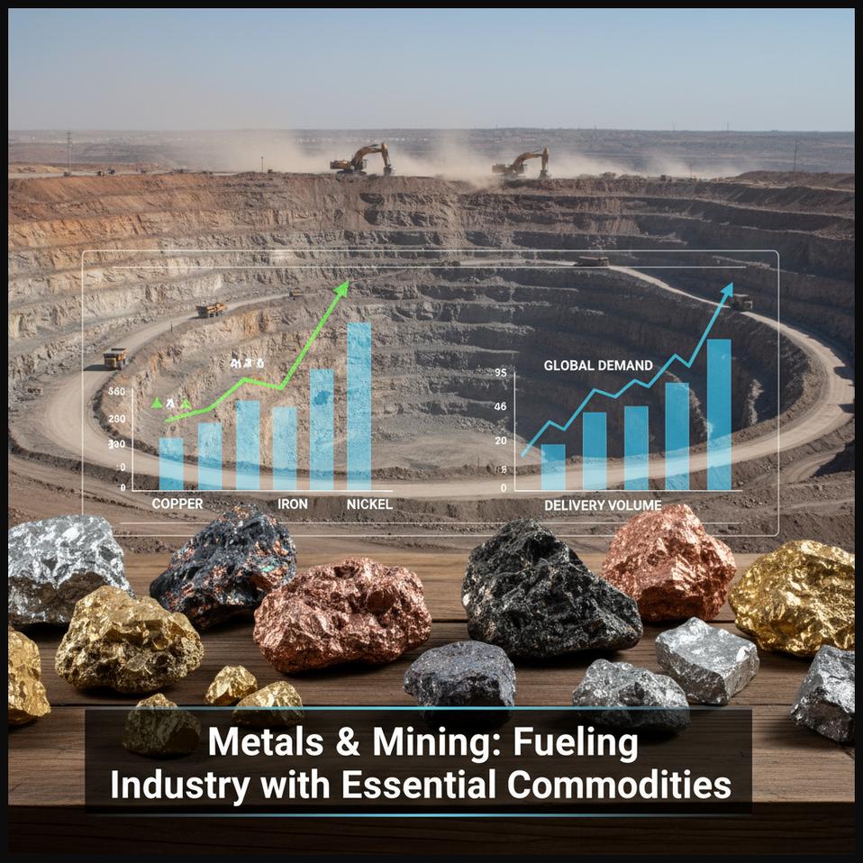 Open-pit mine with heavy machinery extracting minerals, symbolizing a metals and mining corporation fueling industry with essential commodities and strong delivery volumes.