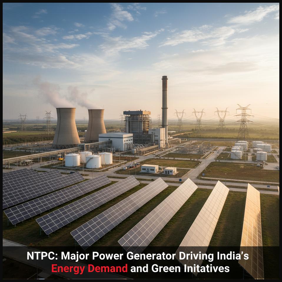 A modern power generation facility, including both thermal and renewable elements, symbolizing NTPC's role in India's energy sector.