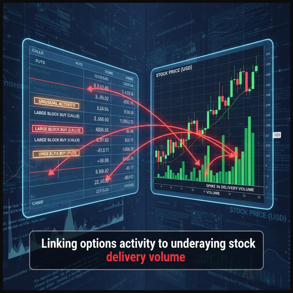 Image showing a correlation between unusual options activity and increased delivery volume in the underlying stock, providing market insight.