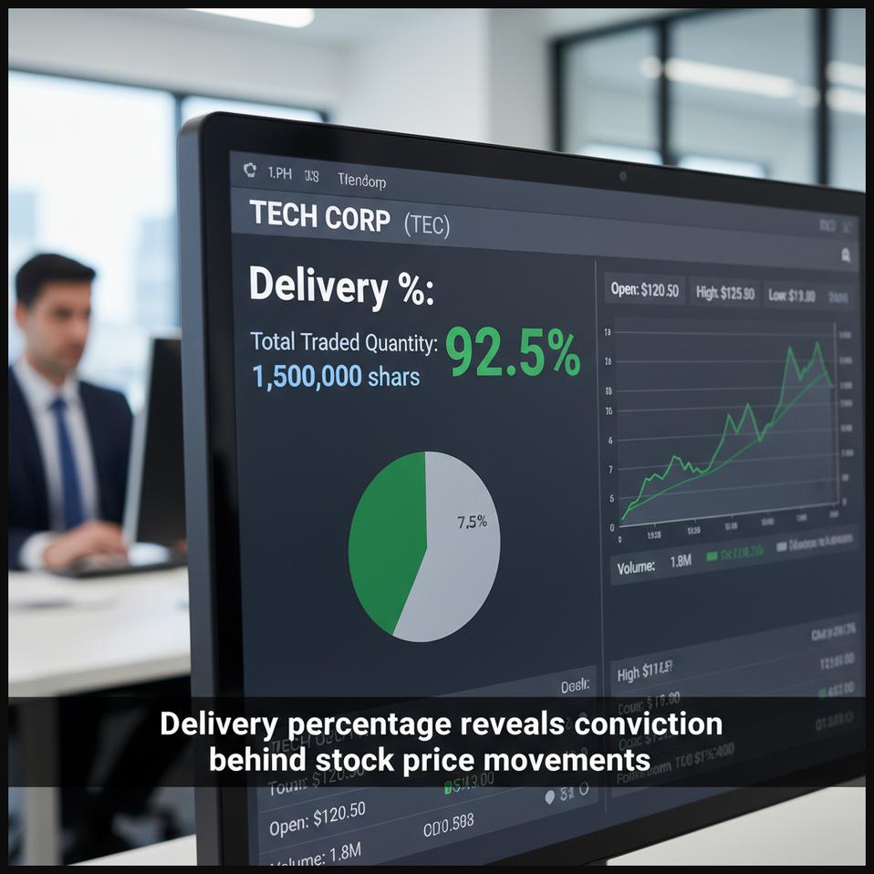 Stock trading platform showing percentage of delivery to traded quantity and related data.