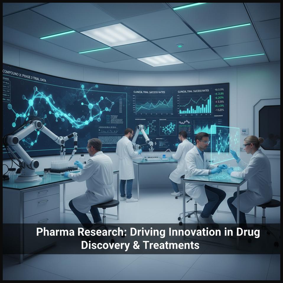 Scientists in a pharmaceutical research lab driving innovation in drug discovery and new treatments, with visuals indicating strong investor confidence and delivery volumes.