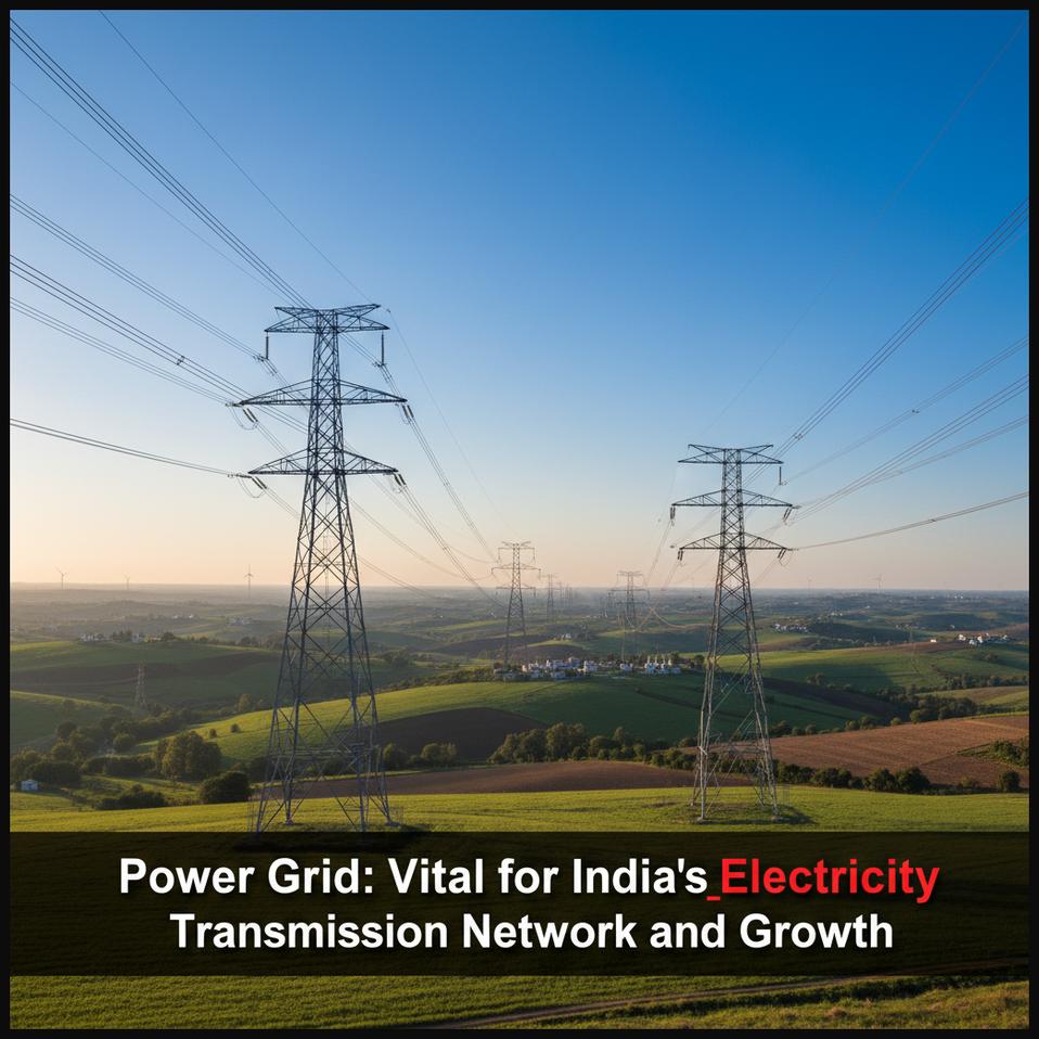 High-voltage power transmission lines stretching across a landscape, representing Power Grid Corporation's essential role.