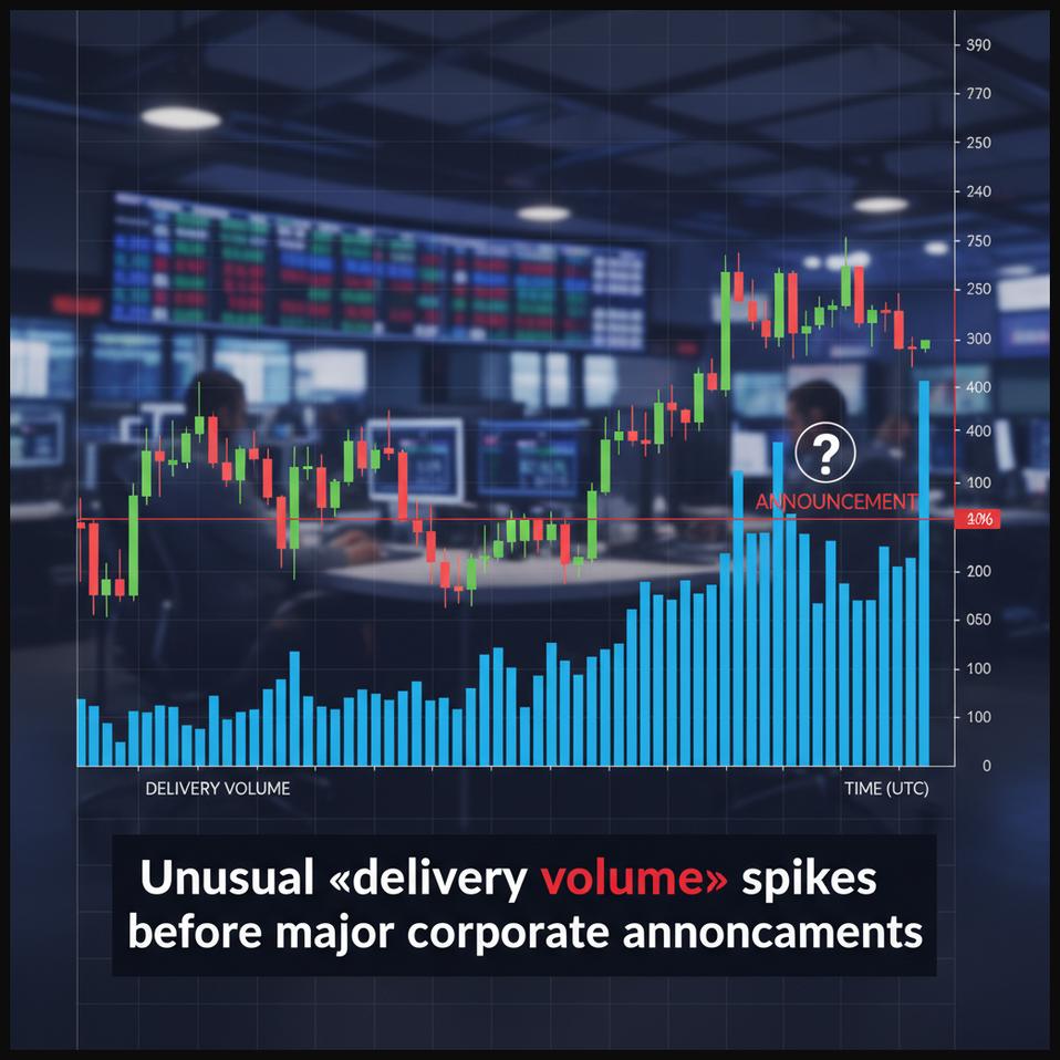 Stock chart showing an unusual spike in delivery volume just before a corporate announcement, suggesting informed buying.