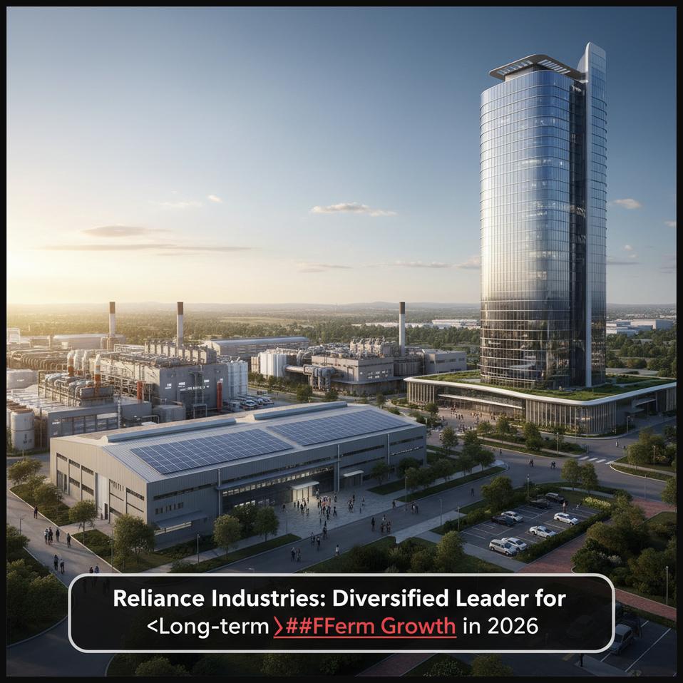 A modern, diverse industrial complex representing Reliance Industries' wide business model and strength for long-term growth.