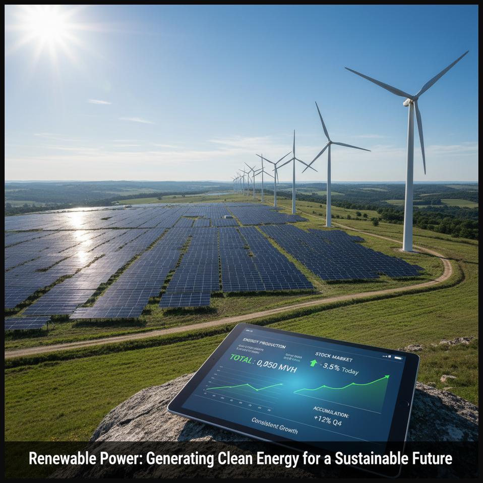 A landscape with a solar farm and wind turbines, symbolizing a renewable power producer generating clean energy for a sustainable future.