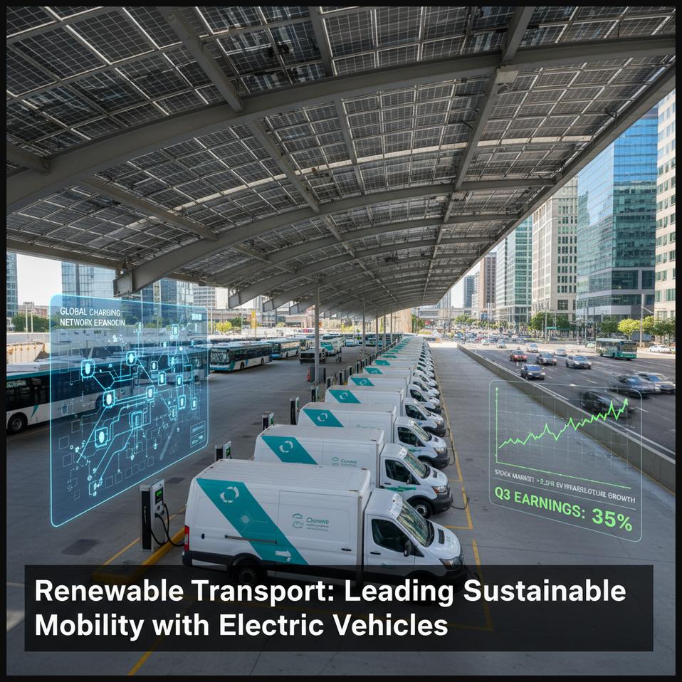 Fleet of electric vehicles charging at an urban depot, representing a renewable transport company leading sustainable mobility with electric vehicles.