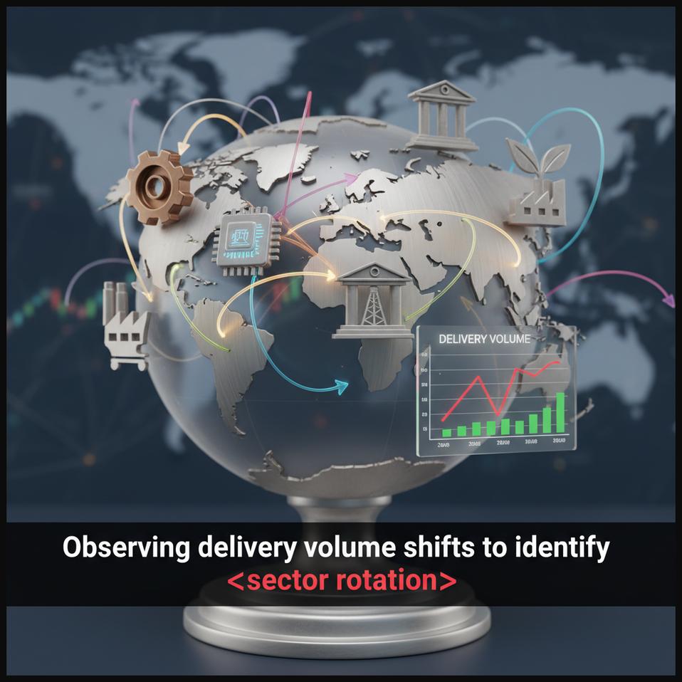 Conceptual image of sector rotation in the stock market, with delivery volume indicating capital flows between industries.
