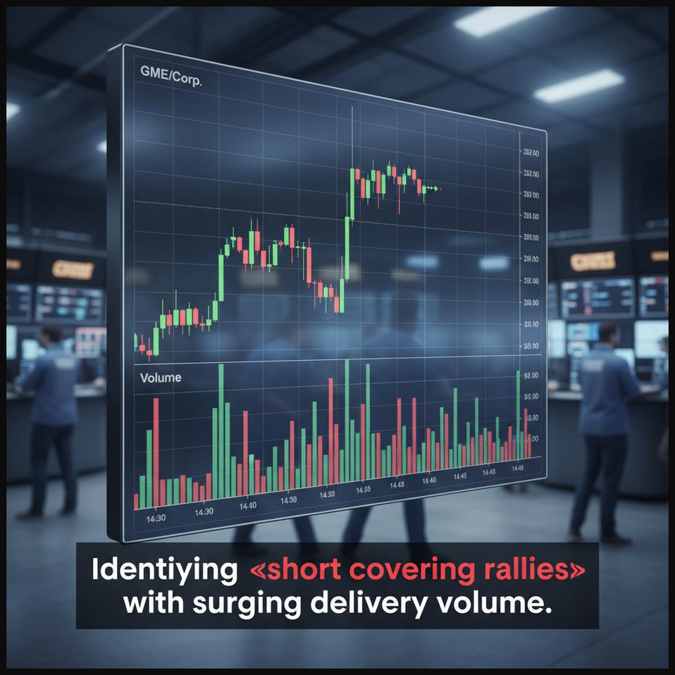 Stock chart showing a short covering rally characterized by a sharp price increase and surging delivery volume.