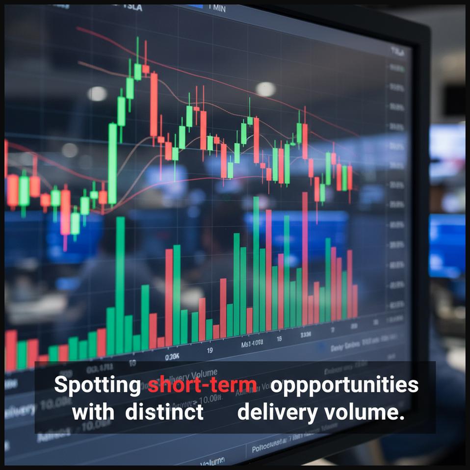 Trading screen showing an intraday stock chart with rapid movements and delivery volume spikes, indicating short-term trading opportunities.