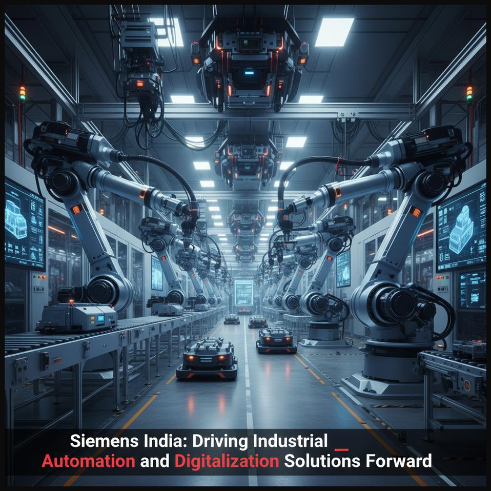 Robotic arms working in a modern automated factory, symbolizing Siemens India's industrial automation solutions.