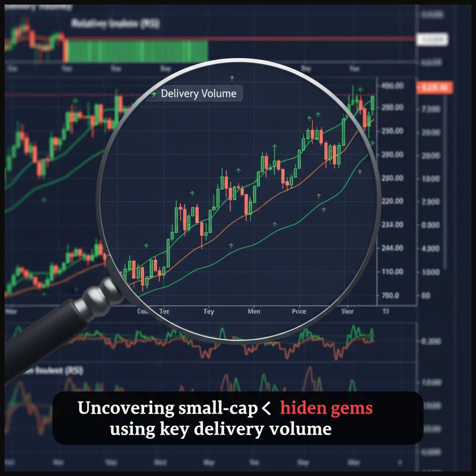 Magnifying glass highlighting small but significant increases in delivery volume for a small-cap stock, indicating hidden potential.