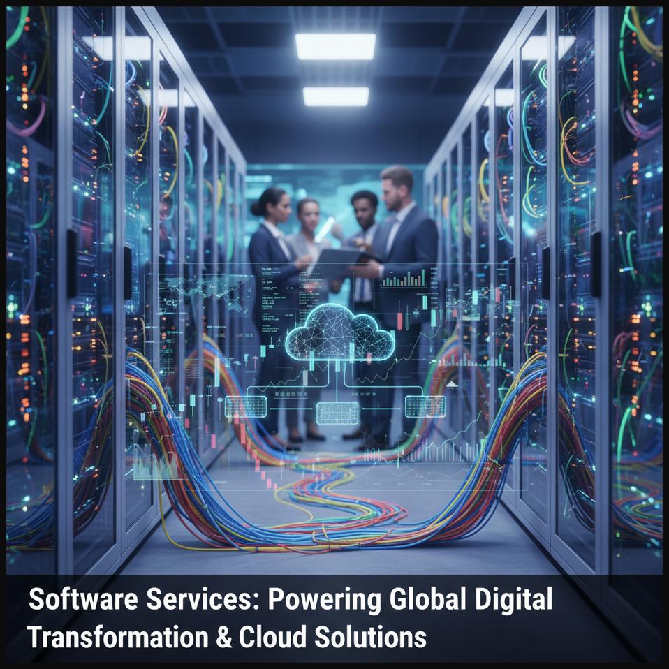 Modern data center with servers and IT professionals, symbolizing a software services company powering global digital transformation and cloud solutions.