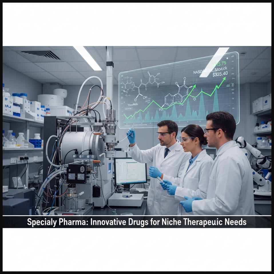 Scientists in a pharmaceutical lab focused on specialized drug formulation for niche therapeutic areas, representing a specialty pharmaceuticals company with innovative drugs.