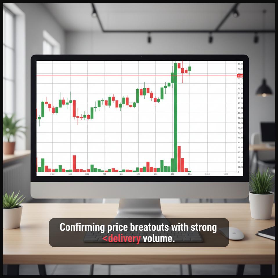 Stock chart showing a price breakout above a resistance level, validated by high delivery volume.
