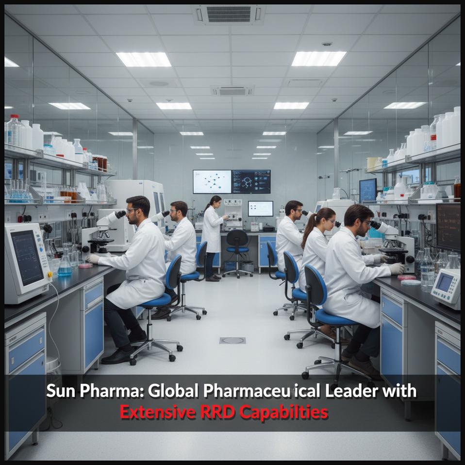 Scientists working in a modern pharmaceutical research laboratory, symbolizing Sun Pharmaceutical Industries' R&D strength.