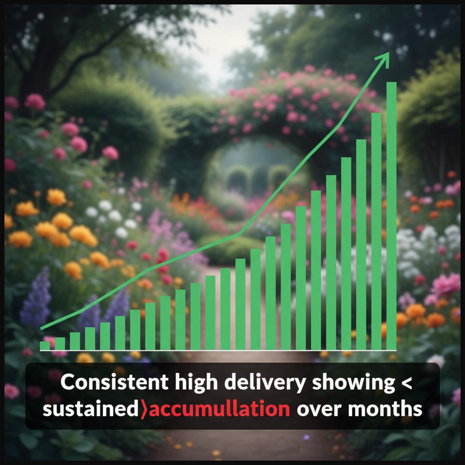 Stock chart showing sustained accumulation with consistent high delivery volume over an extended period, indicating patient investors.